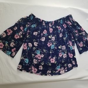 Blouse -  Blue with Pink Flowers Off-Shoulder